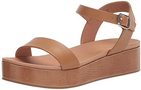 Amazon Essentials Women's Two Band Ankle Strap Open Toe Flatform Sandal, Cognac, 7