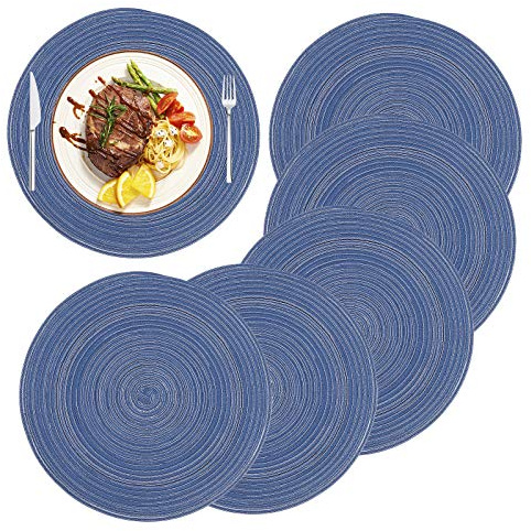 Runde Platzdeckchen Baumwolle Tischsets 14 inch Pflegeleicht Abwaschbar Geflochtene Platzsets für Küche Speisetisch, Party Dekor (6er Set) Blau