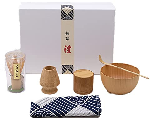 ANCLLO Service à thé matcha japonais 5 pièces, fouet/bol/support/cuillère en bambou/boîtes de matcha en bambou pour cérémonie traditionnelle du thé japonais
