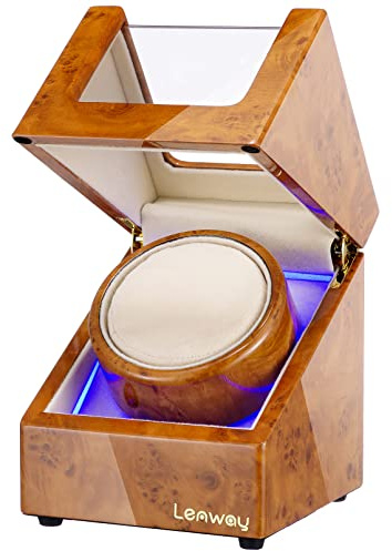 Lenway Watch Winder for Automatic Watches with Quiet Motor, Single Watch Winder Box with LED Light, Soft and Velvet Watch Pillow, High-End Piano Lacquer Appearance (White)