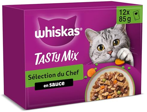 WHISKAS Kattmåltid - 48 påsar friskhet (set med 4 förpackningar 12 x 85 g) - Tasty Mix Chefval (4 sorter) - vuxen kattpasta i sås - komplett och balanserad våt mat