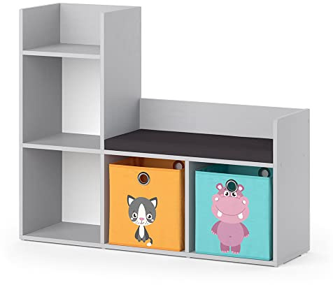 Vicco Kindersitzbank Luigi, Grau, 107.2 x 88.6 cm mit 2 Faltboxen Opt.2, mit gepolstertem Sitz und Vier offenen Regalflächen