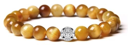 Natural 8mm piedras preciosas MetJakt Curación Crystal Stretch moldeado pulsera brazalete con plata de ley 925 doble felicidad colgante (Ojo de tigre dorado)