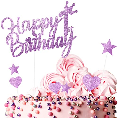 Yiran 7Stück Happy 1st Birthday Cake Topper Kuchendeko Dekoration. Doppelseitig Geburtstag Mädchen Rosa Tortendeko 1 Geburtstag Mit Herz Stern Glitter Cake Topper für 1 Geburtsta