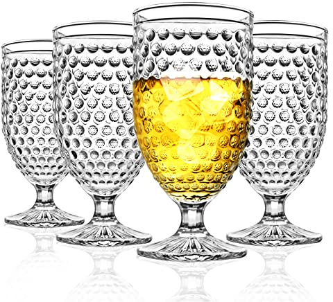 Wongblee Hobnail Glass Goblets 16.9 Oz, Stemmed Water Glasses, Iced Tea Goblets, Vintage Drinking Glasses for Beverages, Set of 4 (Clear)