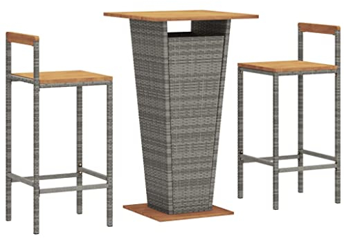 vidaXL Gartenbar Set 3-TLG., Gartenmöbel Bartisch 2 Barstühle, Stehtisch Barhocker für Garten, Sitzgruppe Gartenset, Grau Poly Rattan Massivholz Akazie