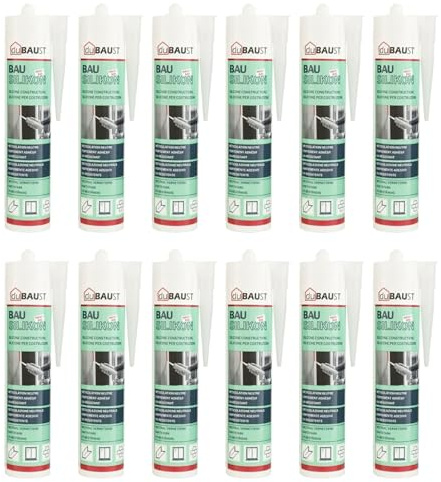 12x dubaust BAS24 Mastic Silicone de construction Silicone neutre pour fenêtres Intérieur/extérieur résistant aux intempéries hautement élastique Cartouche de 310ml (gris)