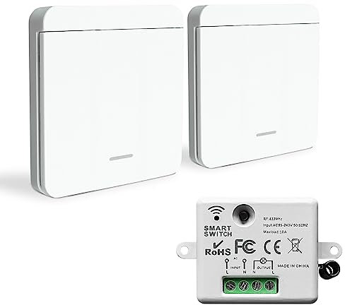 Bkiyougo Wireless Switch Kit - 86 Wall Panel RF Safety Switch and 10 Amp Relay Receiver, No Wiring Easy Install, for Lights up to 1500W (1 Receiver and 2 Switches)