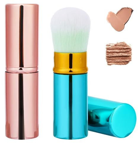 Lot de 2 pinceaux rétractables pour fond de teint, pinceau Kabuki de voyage pour fond de teint, poudre bronzante, polissage, surligneur, poudre sans défaut (bleu et rose)