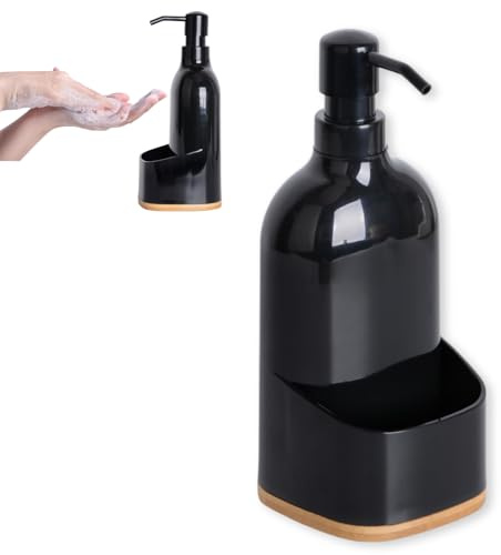 Spülmittelspender Küche mit Bambus-Basis, Seifenspender Schwarz | Praktischer Spender für Spülmittel und Seife, ideal für jede Arbeitsplatte, 9.5x9.5x22 cm