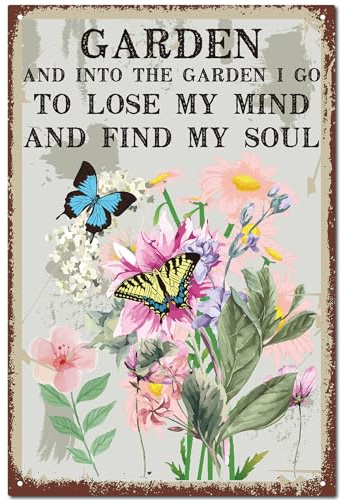 CREATCABIN Flower Butterfly Sign Garden Decor Vintage Retro Tin Sign Metal Wall Art Plaque Iron Painting Poster Mural Farmhouse Decoration for Kitchen Living Room Home 12 x 8 Inch