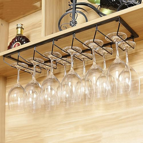 Weinglashalter aus Metall, Weinglasregal unter dem Schrank, Aufbewahrungsregal für Stielgläser, hängender Metall-Organizer für Bar, Heim- und Küchendekoration, schwarz, 6 Reihen, 60 x 20 cm