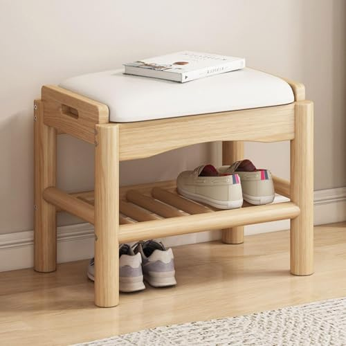 HMAKGG Banco Zapatero de Madera, Zapatero con Cojín Asiento Acolchado, Banco Recibidor Pequeño 2 Niveles para 4 Pares, para Entrada, Sala de Estar, Pasillo, 45x30x40cm, Blanco
