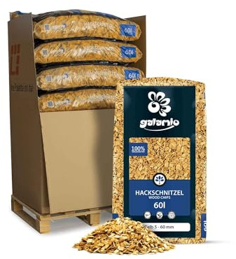 GALAMIO Holzhackschnitzel Gelb Hackschnitzel Mulch Natur Wald Kiefer Pinus Sylvestris Garten Dekor Holz Häcksel Grob 5-60mm 60l x 13 Sack 780l / 1 Palette