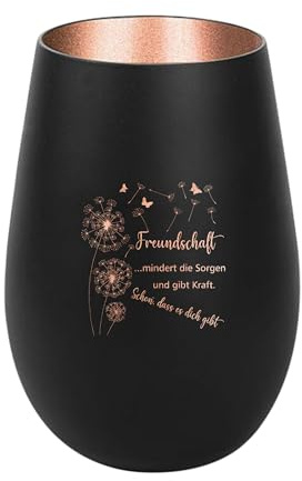 Der-Porzellan-Laden Windlicht mit Gravur Freundschaft mindert die Sorgen | Schwarz Bronze, Teelichthalter aus Glas mit Spruch, Tischdeko modern