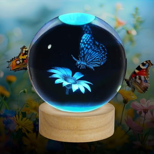 ZXBLAQ 3D Butterfly Crystal Ball Night Light, Upgraded 3.15 Inch Glass Ball Lamp with 16 Color LED Wooden Base, Butterfly Lamp Bedroom Decor Birthday Christmas Butterfly Gifts for Kids Friends