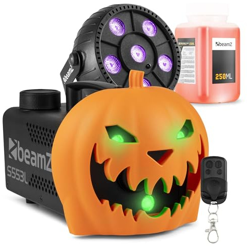 Fuzzix S553L Nebelmaschine Halloween Deko mit LED Kürbis Kopf - 550 Watt Rauchmaschine mit LED UV-Lampe Akku, 2-in-1 mit Halloween Kürbis Deko, 16 Farben Lichteffekt, Soundeffekt Nebelmaschine Mini