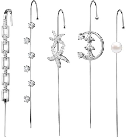 AccGin Trendy Pierced Ear Crawler Earrings for Women Gold & Silver Snowflake Rhinestone Helix Hook Set Fashionista Jewelry with Secure Ear Plug Fixer for Daily & Evening Outfits