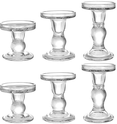 6 portavelas de cristal, portavelas de cristal cónico, portavelas de cristal transparente, soporte rústico para mesa de comedor, boda, decoración del hogar, sala de estar (3 tamaños)