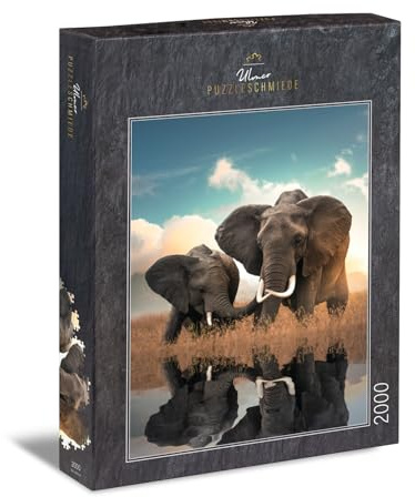 Ulmer Puzzleschmiede - Puzzle „Father & Son“ - Klassisches 2000 Teile Elefantenpuzzle – Sympathisches Puzzlemotiv afrikanische Elefanten am Wasser