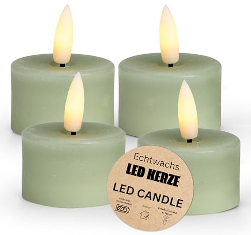 Lot de 4 bougies chauffe-plat LED en cire avec fonction minuterie et télécommande – Bougie flamme vacillante réaliste blanc chaud Ø 4 x 4 cm – Bougie électrique en vert sauge comme décoration de table