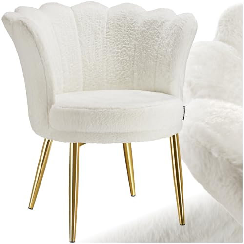 tectake® Kuschelsessel, Sessel modern, Muschelsessel, Wohnzimmer Stühle, Stuhl Esszimmer, Küchenstuhl, Cocktailsessel, Sessel Schlafzimmer, Living Room, Esszimmerstühle - Kunstfell, Creme/Gold