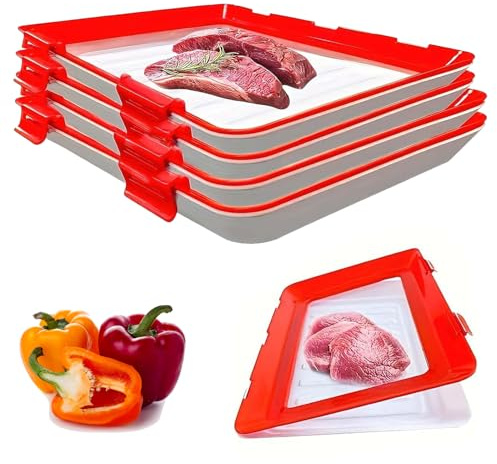 Bandeja de almacenamiento de alimentos sellada al vacío – Recipiente reutilizable apilable con hebilla y tapa elástica, sin BPA, 30 x 23 cm, opciones de paquete de 1/2/3/4 (rojo, paquete de 4)