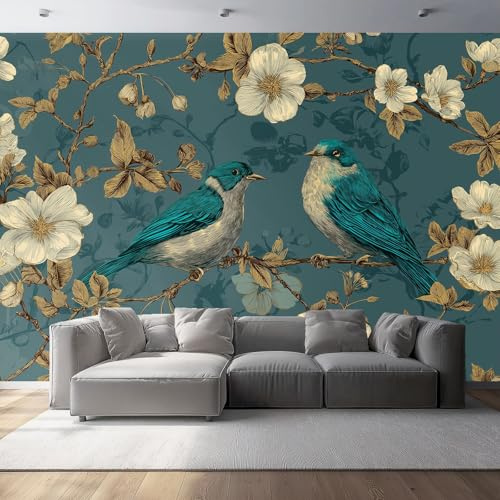 Carta da parati Fiori e uccelli oro blu Fotomurali in TNT Murale alla moda Decorazione da Muro 350 x 256 cm Poster Gigante Design Carta per Oro blu