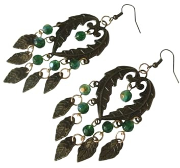 Leaf Earrings Brass Dangle Green Handmade Jewelry Victorian Art Nouveau Deco Nature Celtic Fairy Elven Wedding