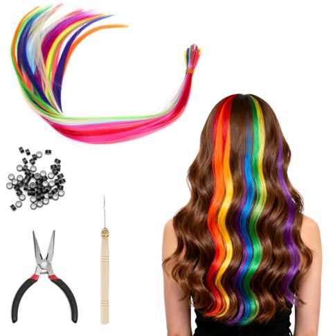 40 ciocche colorate per capelli per bambini, con ganci a pinza e 60 anelli per capelli adatti per capelli e ciocche