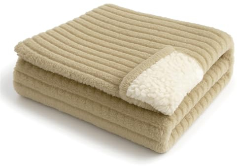 DH DREAMER HOME Manta Borreguito Reversible 160 x 220 cm – Sherpa de Franela Suave y Cálida con Diseño a Rayas, Manta Gruesa y Transpirable para Invierno (Beige)