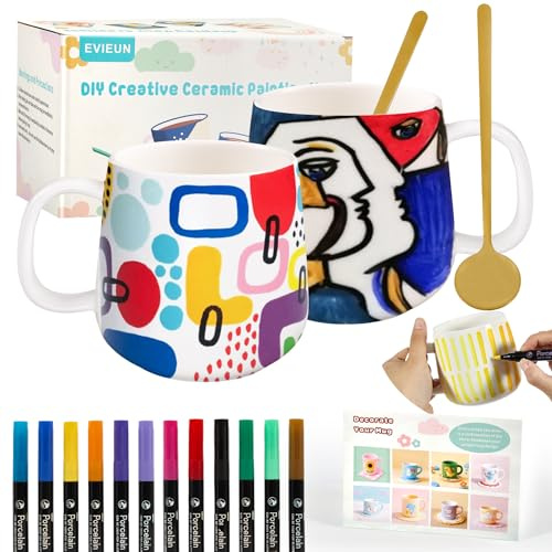 EVIEUN Juego de Pintura de Cerámica,Blanco Taza Para Pintar Kits,Incluye 2 Tazas 350ML,12 Rotuladores de Pintura y 2 Cucharas, Creatividad Para Adultos Kit de Manualidades