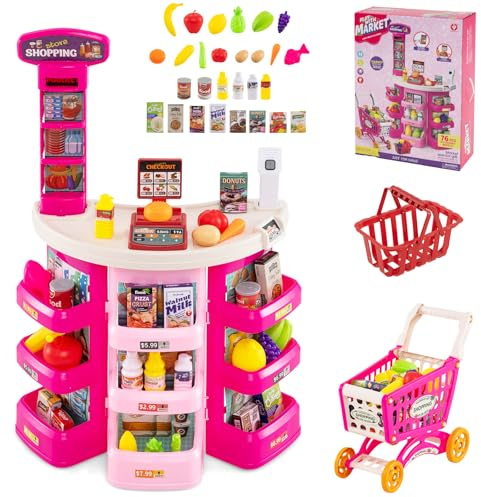 GOPLUS Supermarché Enfant avec Comptoir, Chariot de Course et Panier, Balance Simulée, Caisse Enregistreuse avec Lumineux et Sonores, Marchande en PP avec 29 Accessoires pour 3+ Ans (Rose)