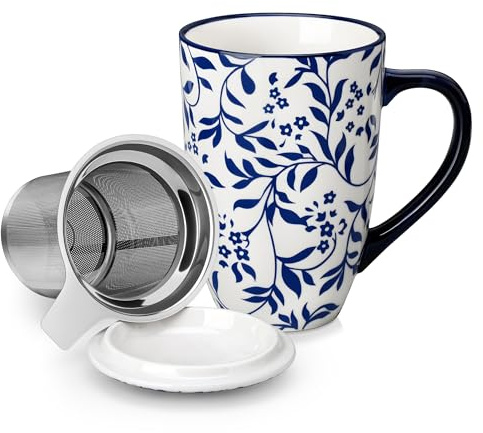 vancasso Taza de té de cerámica con infusor y tapa, 480 ml. Taza de té SELENE, apta para microondas y lavavajillas, perfecta para té, café, limonada o leche, serie Vintage Blue and White