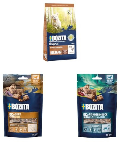 Bozita Hunde Futter- & Snackpaket – 3kg weizenfreies Welpenfutter mit Huhn & 2 Sorten getreidefreie Hundesnacks mit Rentier & Ente sowie Reine Ente – vollwertige Ernährung & schmackhafte Belohnung