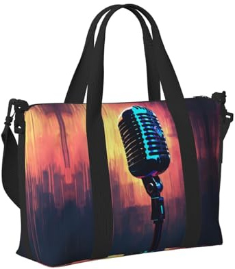 Borsa a mano da viaggio con microfono con stampa di note musicali, leggera, pieghevole, per viaggi di fine settimana, vacanze, aereo
