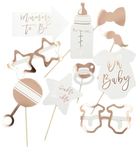 Ovanda 10 Babyparty Foto Requisiten Roségold für Baby Shower Gender Reveal | 10 Motive aus verstärktem Papier am Holzstab, neutral für Jungen Mädchen; für Fotobox, Selfies, Baby Shower und Gender Reveal