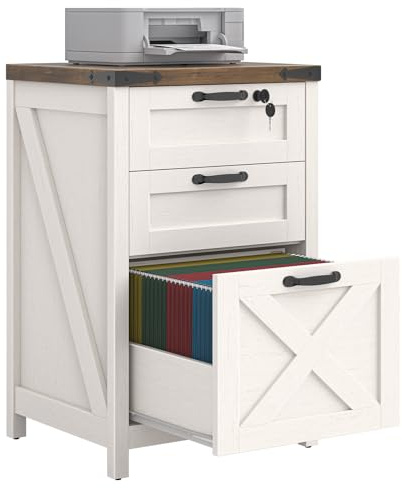BonVache Aktenschrank mit 3 Schubladen, Vertikaler Schubladenschrank | Bauernhausstil, für Letter und A4, unter dem Schreibtisch, für Homeoffice, Druckerständer, Rustikweiß, 40 x 43 x 80 cm