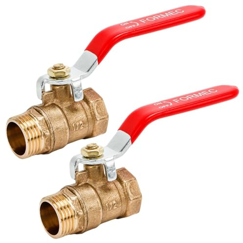 Ball Valve 1/2 Inch Set of 2 Brass Shut-Off Valve with Red Lever PN25 for Water Installations, Garden Watering and Household