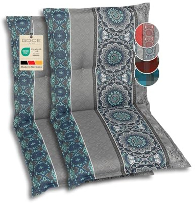 GO-DE Textil Bequeme und attraktive Polsterauflagen für Niederlehner-Gartenstühle (2er-Set, Ornamentstreifen blau, Niederlehner)