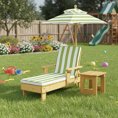 LXTTDDM Transats Chiliennes Enfant 3-8 Ans d’Extérieur en Bois de Sapin avec Table Basse, Parapluie et Coussins Rayés - 4 Pièces Hauteur Réglable pour Jardin, Camping, Terrasse Green 14.5x35.9x20.1in