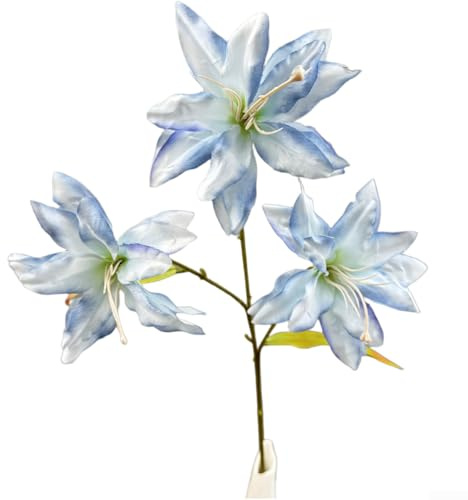 3 huvuden konstgjorda liljeblommor med sammets-finish kronblad och flexibla stjälkar för bröllopshallsdekoration, fotograferingsbakgrunder och kontor (blå)