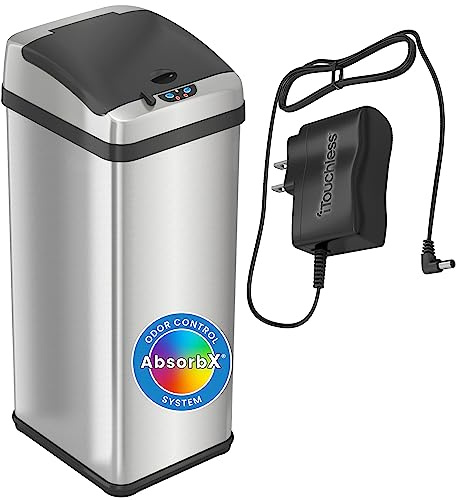 iTouchless 13 Gallon Sensor Kitchen Trash Can with Lid and AC Adapter, Odor Filter, Platinum Limited Edition Garbage Bin Trashcan for Home Office Office Bedroom Living Room Garage Slim Waste Basket