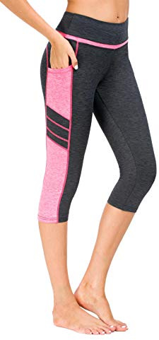 Flatik sportleggings dam med fickor, dam ogenomskinliga leggings dam träningsbyxor sportbyxor löpande leggings, Grå rosa (3/4 Capri), L