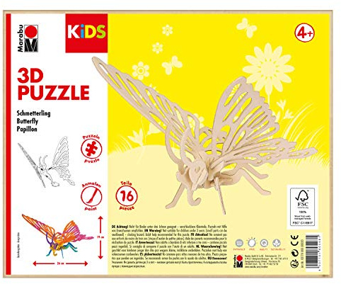 Marabu 317000000020 - KiDS 3D Holzpuzzle Schmetterling, mit 16 Puzzleteilen aus FSC-zertifiziertem Holz, ca. 26 x 19 cm groß, einfache Stecktechnik, zum individuellen Bemalen und Gestalten