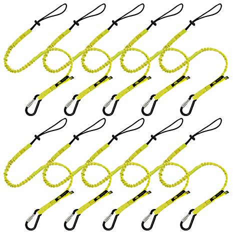 BearTOOLS Tool Lanyard with Buckle Strap - Clip Bungee Cord - Heavy Duty Screw Locking Carabiner - Fall Protection and Safety - Adjustable Loop End - Tough Tether - Construction - 10PK (Yellow 0929YS)