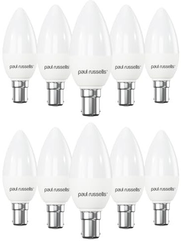 paul russells LED Light Small Bayonet Cap B15, 60watt Equivalent, 6.5W 806LM LED Bulbs, 6500K Bright Daylight, Frosted C35 SBC Candle Energy Saving Non-Dimmable Chandelier Lightbulbs, Pack of 10