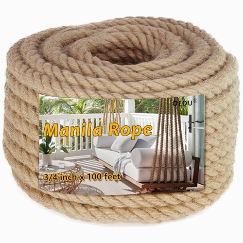Manila Rope 3/4 Inch X 100 Ft, Natural Hemp Rope 4 Strand Twisted, Thick for Crafts Heavy Duty Multipurpose for Swing Bed, Camping, Tug of War, Docks, DIY Projects.