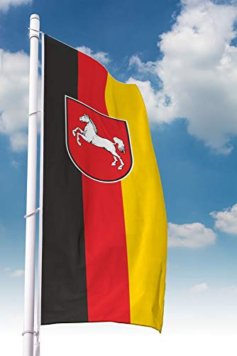 Niedersachsen Flagge 150 x 400 cm – für Fahnenmast, Niedersachsen Fahne mit Wappen, aus reißfestem Polyester, wetterfest und UV-beständig