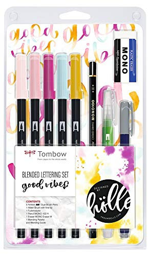 Tombow Blandat textset innehåller 5 ABT-borstpennor, 1 mono-penna, 1 mono radergummi, 1 Fudenosuke, 1 vattenborste, blandpalett och guide - Good Times, BS-FH2
